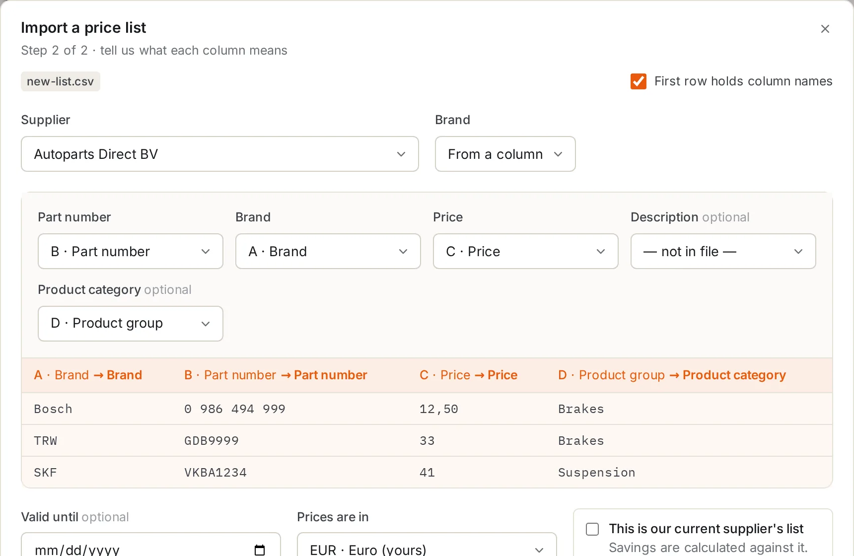 The import screen: each column of a supplier’s file is linked to part number, brand, price and product category, with a preview of the rows.